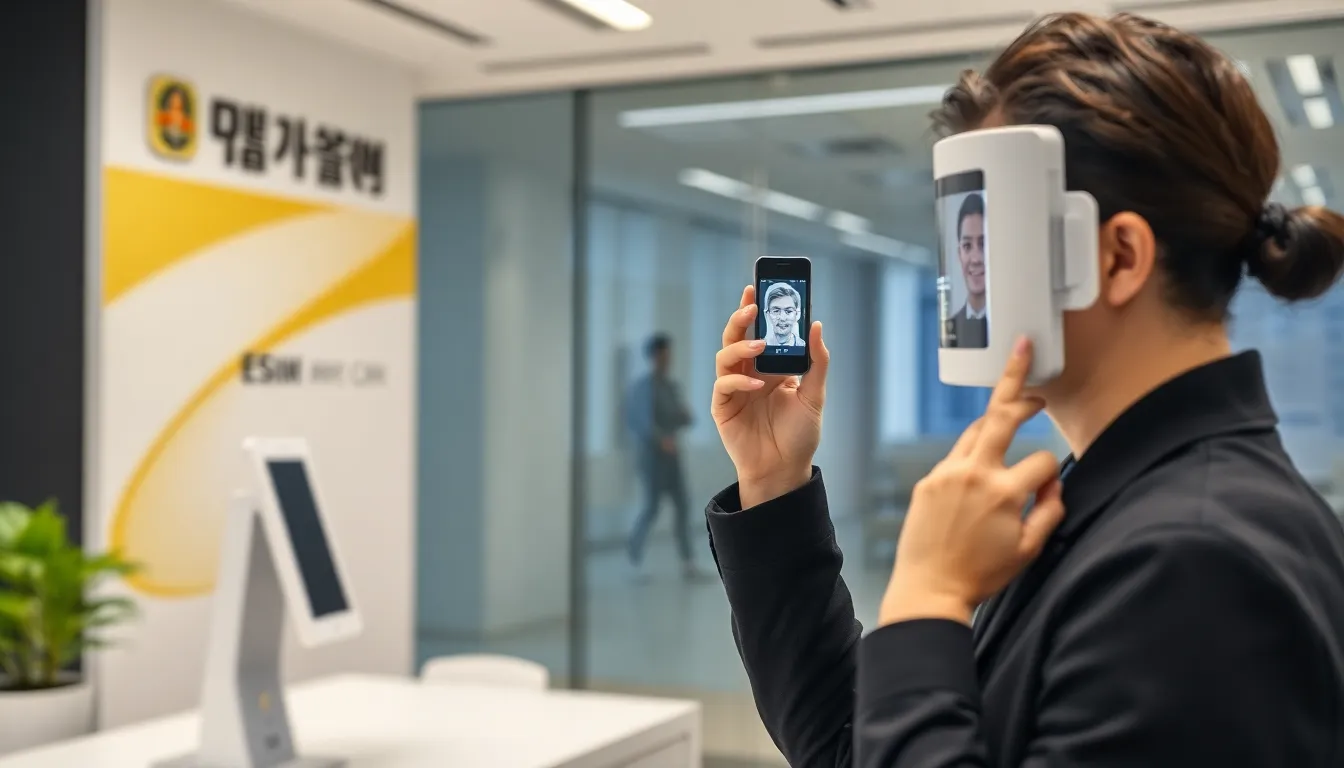 通信業界の専門家が顔認証技術の導入について説明している会議の一幕