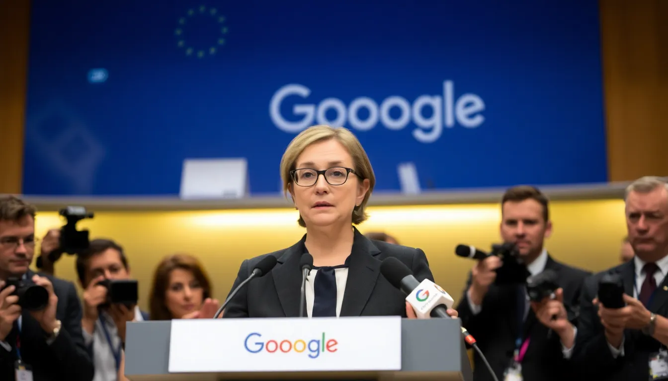 European Union officials discuss the investigation into Google's AIgenerated summaries during a press conference, highlighting concerns about competition and consumer rights.