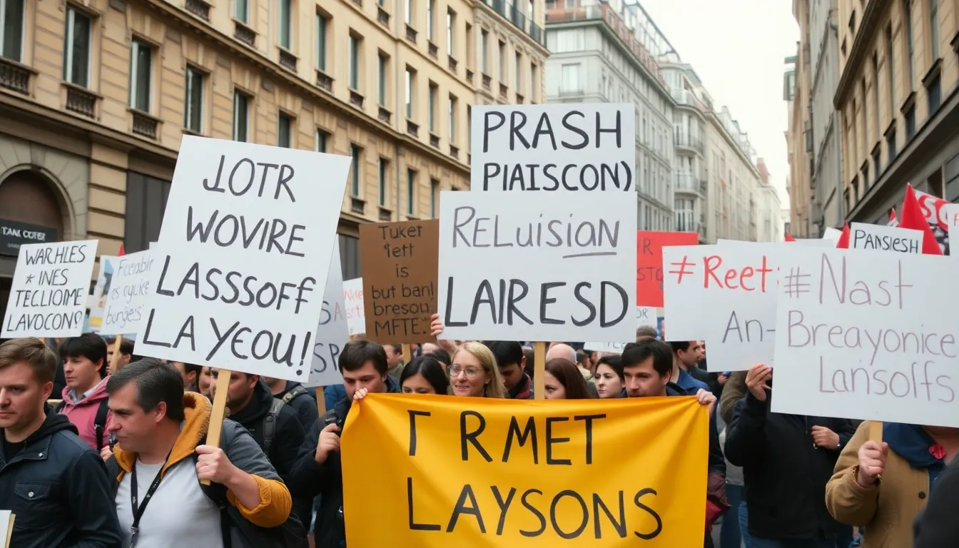 Workers from various video game studios in Europe gather in a public demonstration, holding signs and banners to protest against exploitation and layoffs in the industry.