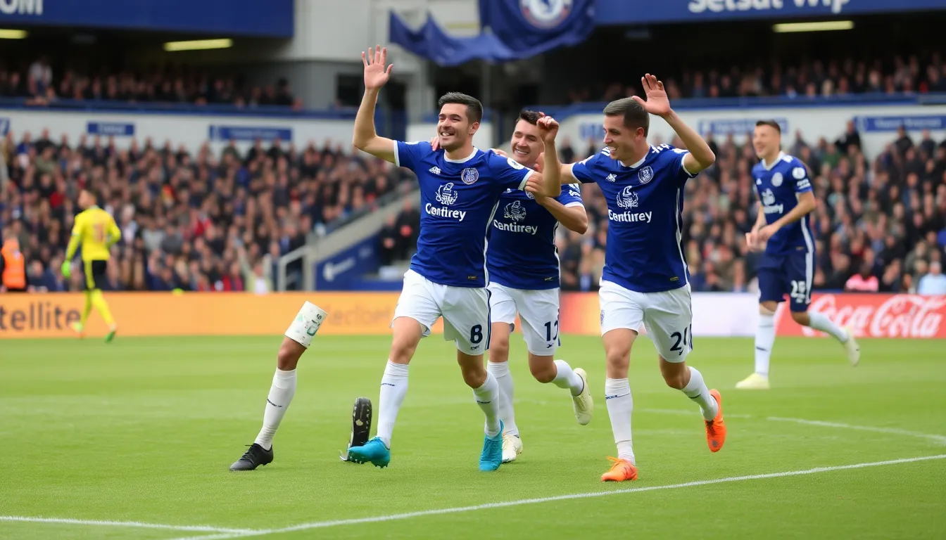 Everton players celebrate their surprising 31 victory over Chelsea at Goodison Park, with fans cheering in the background.