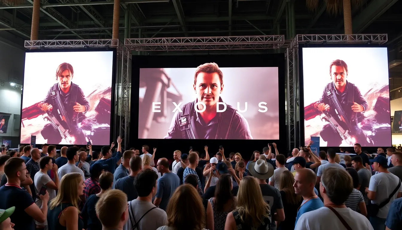 A futuristic cityscape is illuminated by neon lights as characters engage in intense combat, showcasing the thrilling gameplay of the new scifi action RPG Exodus.