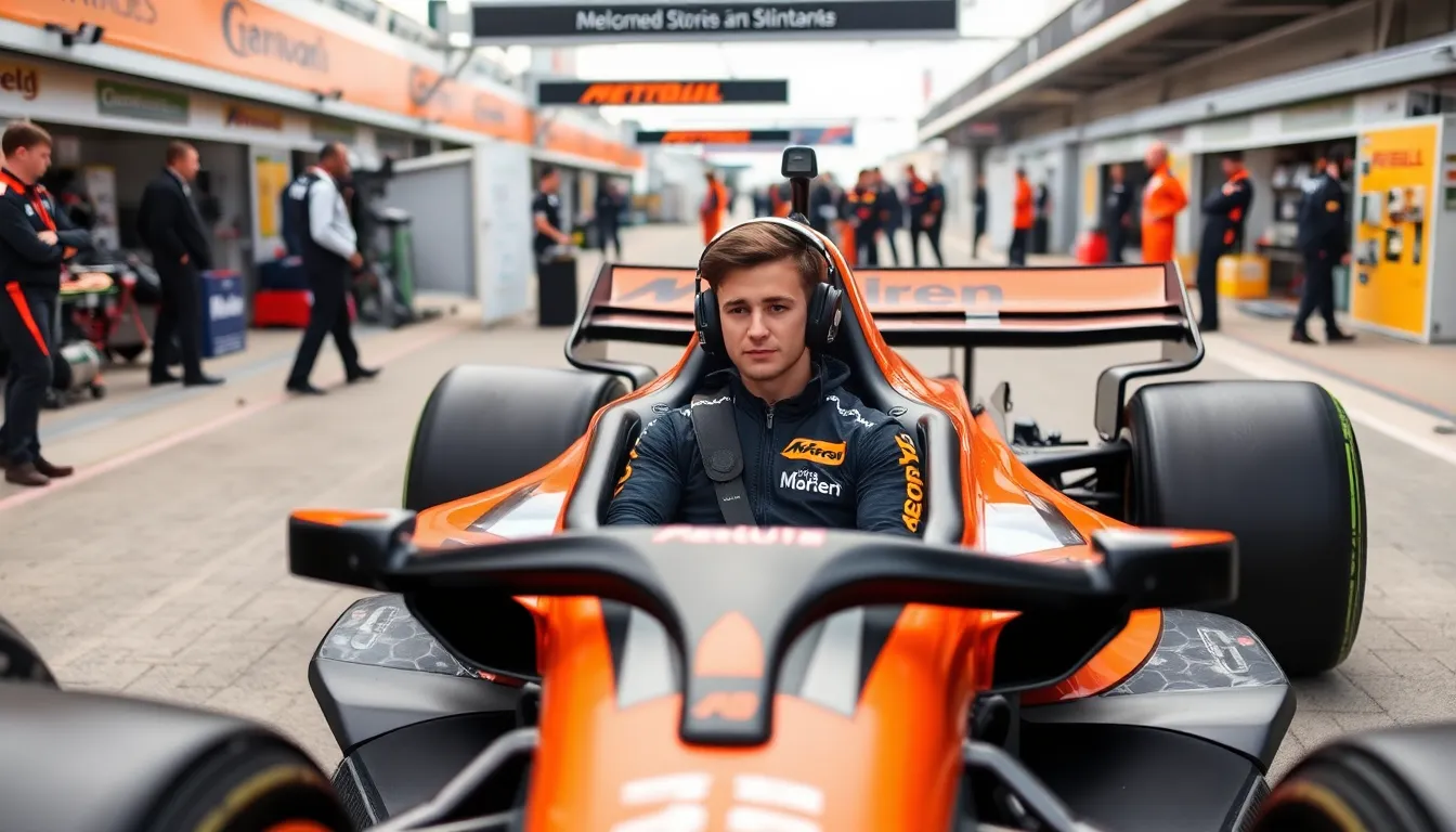 Lando Norris celebrates his first Formula 1 victory at the 2025 Canadian Grand Prix, surrounded by jubilant team members and fans waving flags.