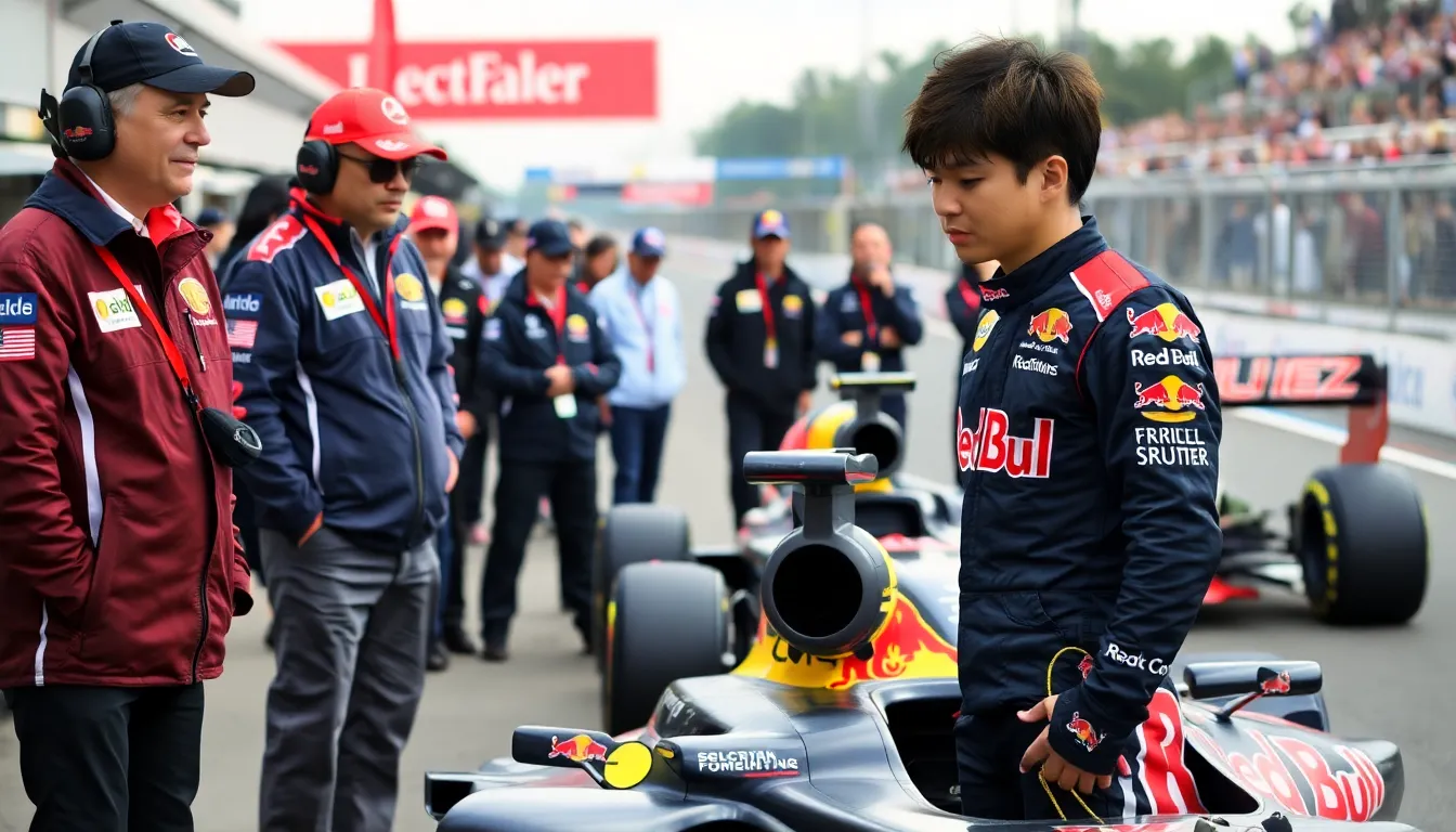 A focused Yuki Tsunoda in the Red Bull Racing garage, contemplating strategies as he prepares for an upcoming race
