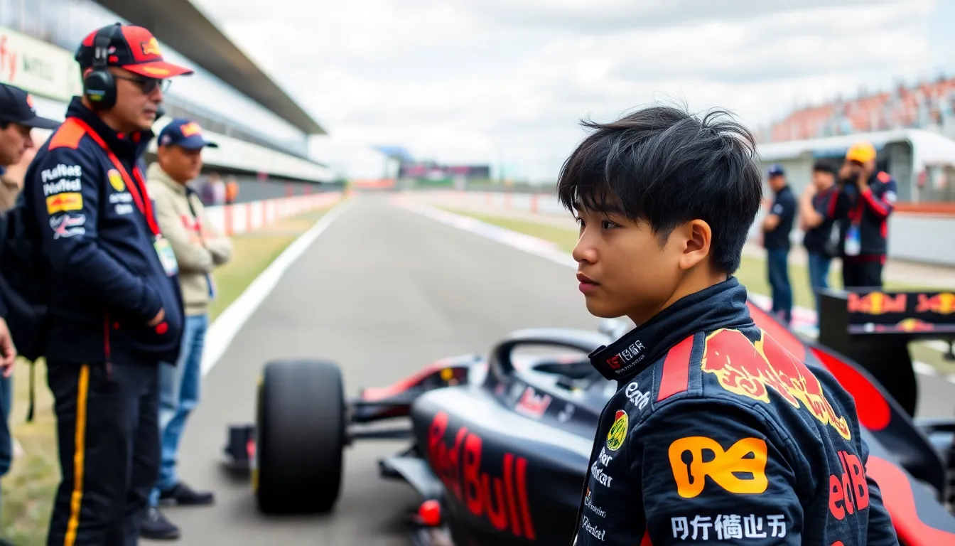 Tsunoda celebrating a previous victory during his time in Formula 2, reflecting the promise he showed before joining Red Bull Racing