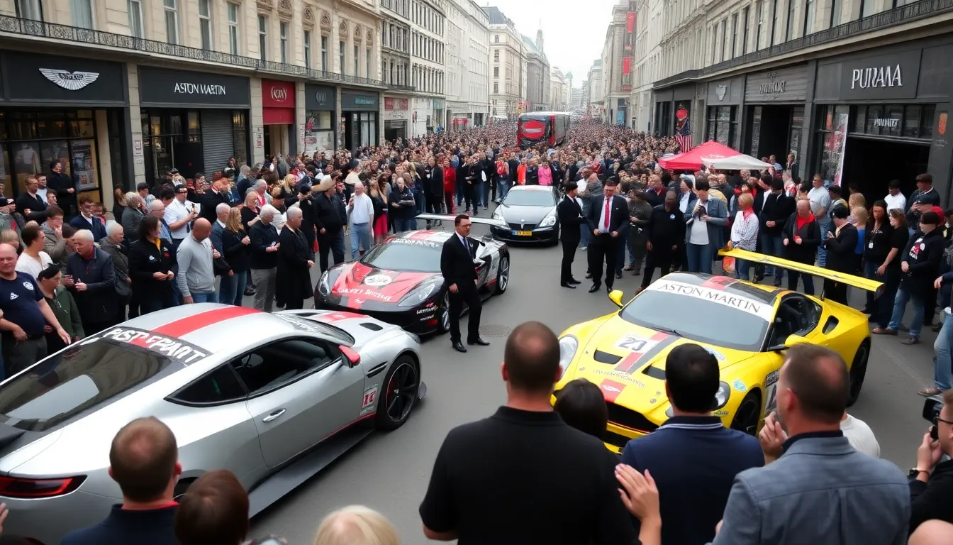 A lively crowd gathers on Oxford Street, enjoying interactive experiences and live entertainment during the Aston Martin and PUMA fan celebration for Formula 1.
