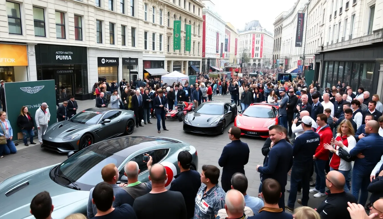 Exclusive PUMA merchandise is showcased, attracting fans eager to connect with the Aston Martin brand during the event
