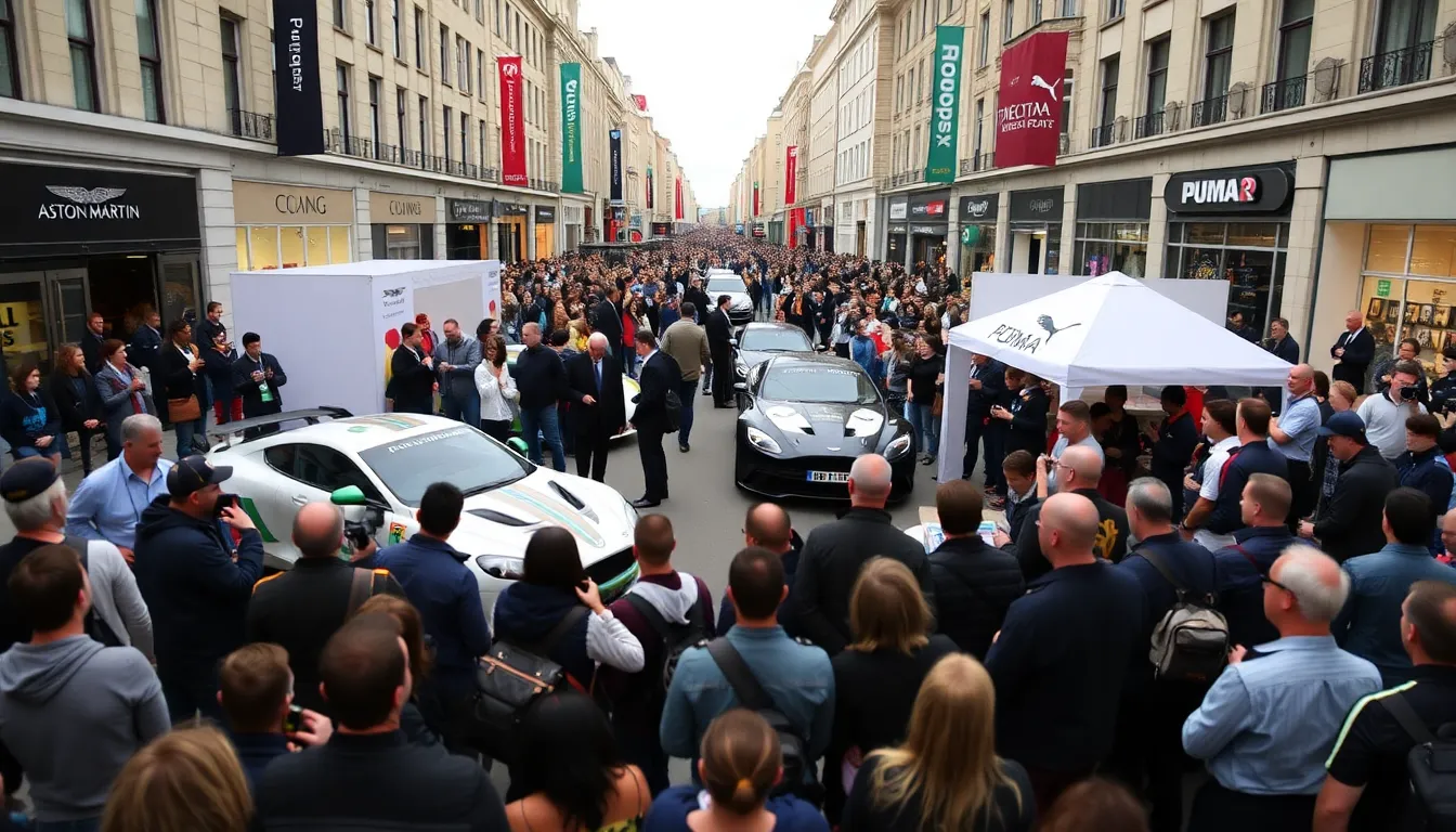 The bustling Oxford Street scene highlights the collaboration between Aston Martin and PUMA, drawing a diverse crowd of motorsport enthusiasts