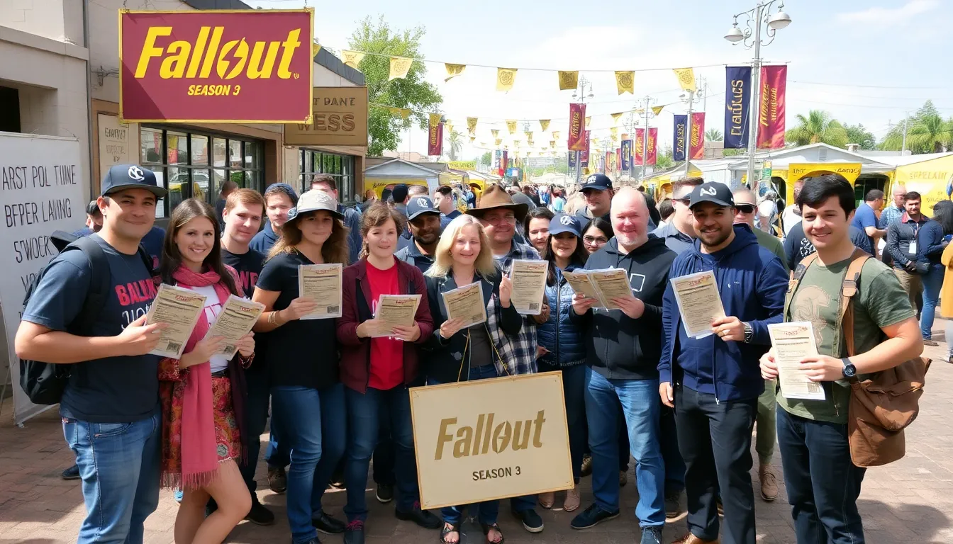 The writing team for Fallout Season 3 gathers around a table covered with notes and laptops, brainstorming ideas for the upcoming season amidst a backdrop of posters from the previous seasons.