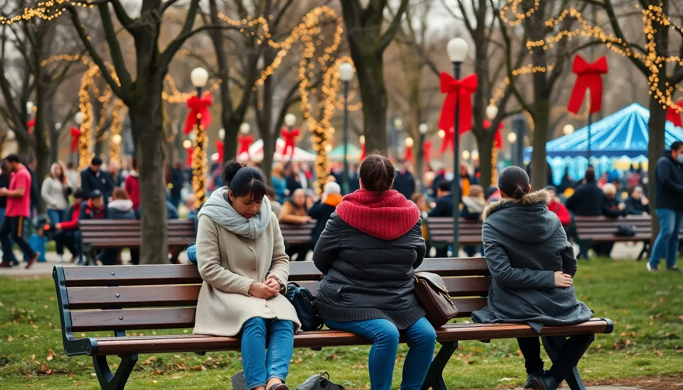 A group of people sits around a dining table set for a holiday meal, with empty chairs symbolizing the absence of estranged family members.