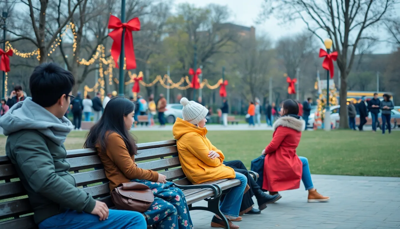 A festive street scene with families celebrating together, serving as a stark reminder for those navigating feelings of loneliness during the holidays