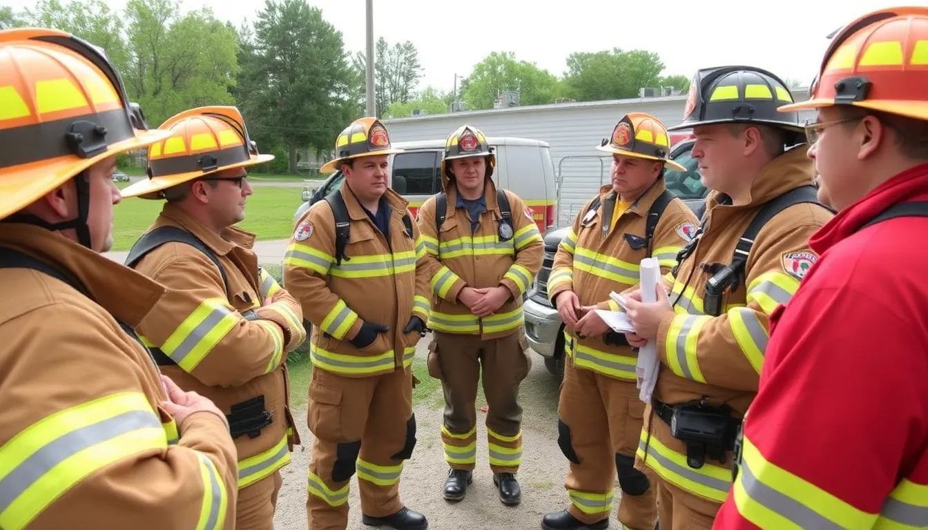 Firefighters in protective gear gather at a training facility, discussing the health risks associated with toxic chemicals in firefighting foam.