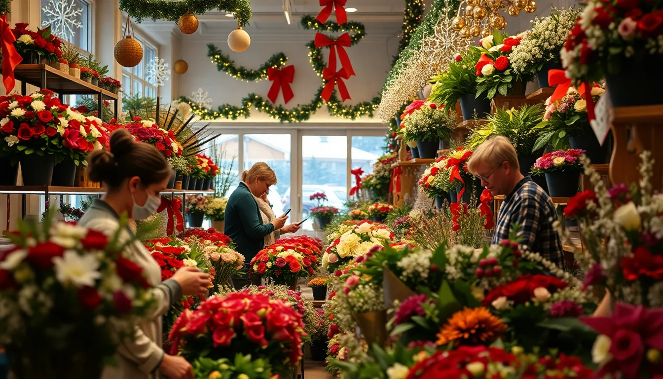 A florist arranges vibrant poinsettias and Christmas roses in a bustling shop filled with holiday decorations and customers placing orders.