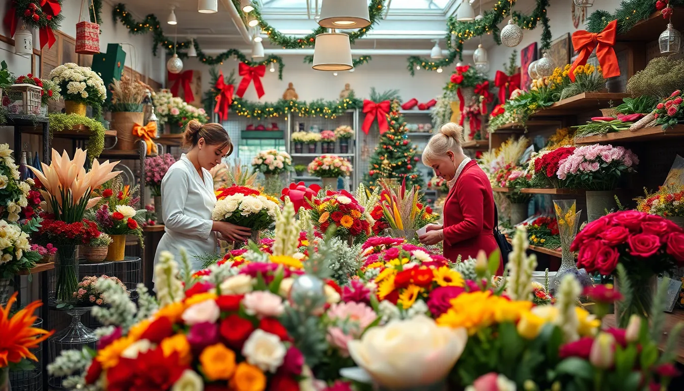 店内に飾られた色とりどりのクリスマス用の花アレンジメント