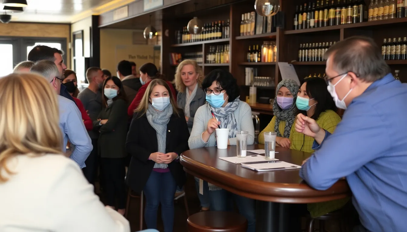 A healthcare worker discussing flu prevention with a pub patron, showcasing the friendly and informative atmosphere of the vaccination initiative