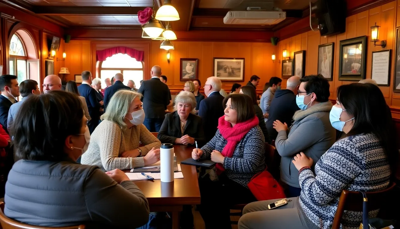A group of individuals waiting in line at the pub for their flu vaccinations, reflecting the community's proactive approach to health and wellness