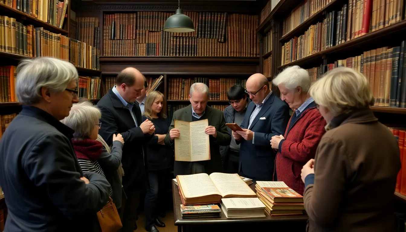 Fans gather excitedly at a memorabilia event, discussing the recently unearthed festive script of "Steptoe and Son" while surrounded by vintage posters and collectibles from the iconic sitcom.