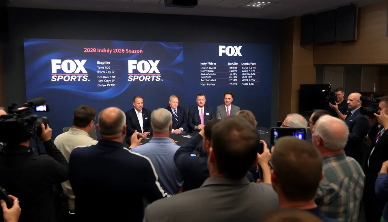 A group of motorsport executives from FOX Sports and IndyCar gather at a press conference to announce their new broadcast schedule for the 2026 racing season, highlighting the excitement and expansion of the IndyCar series.