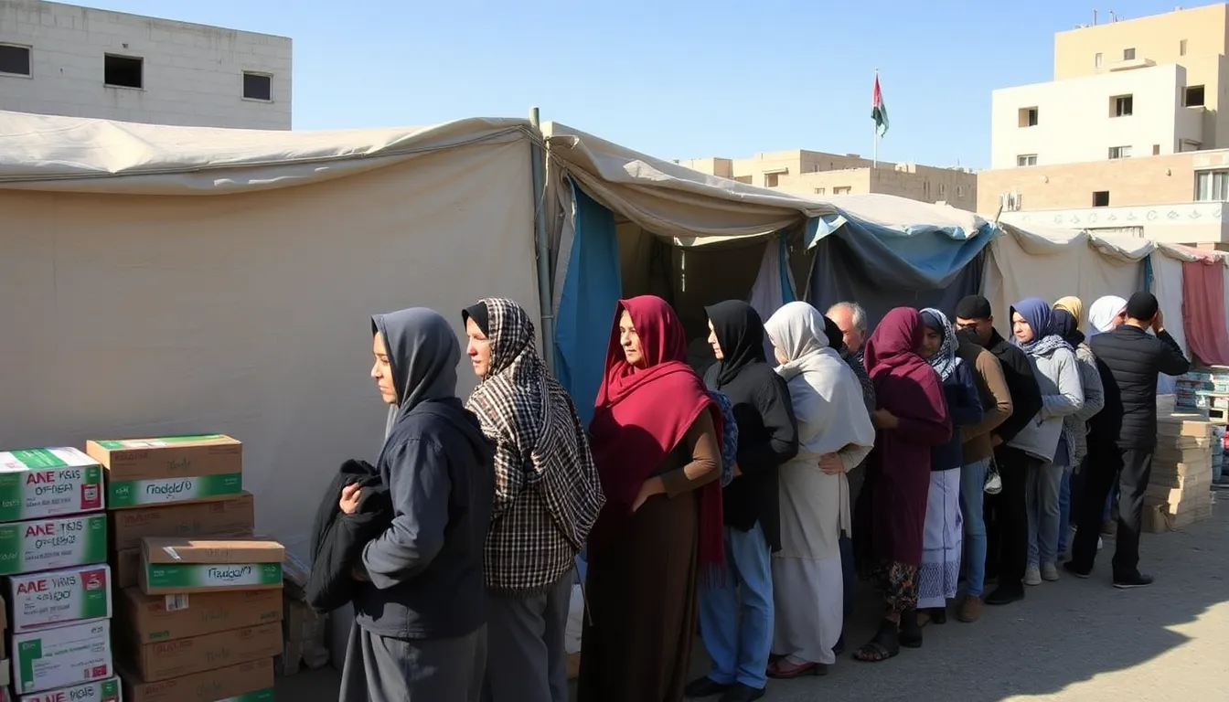 Volunteers distribute limited food supplies at a crowded kitchen in Gaza, where long lines of residents wait for essential staples amid ongoing shortages.