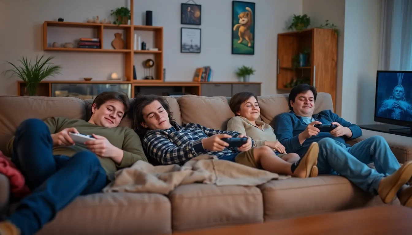 A gamer sits on a sofa with a controller in hand, looking drowsy and ready to fall asleep after a brief gaming session.