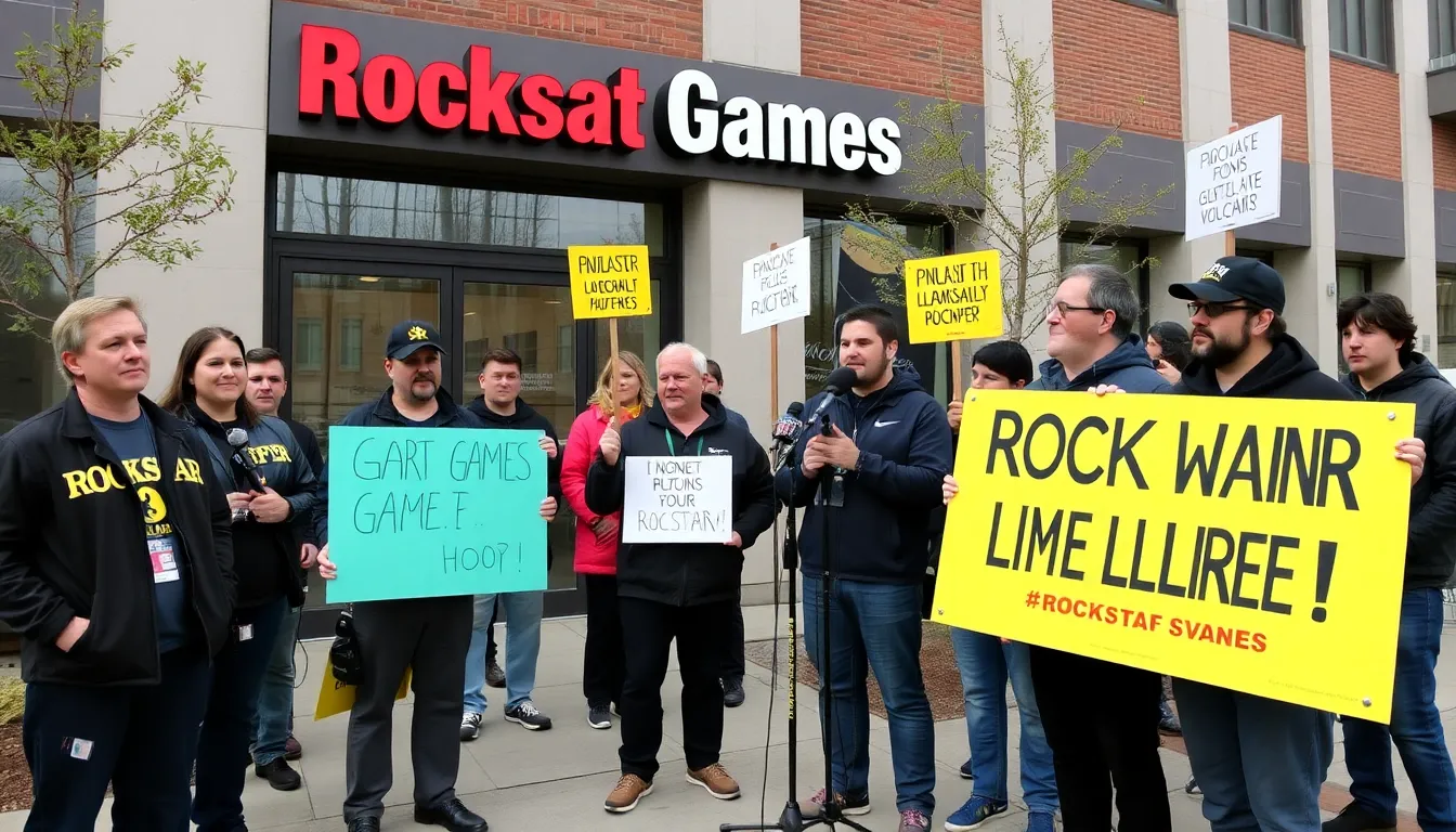 Members of the game workers union gather outside Rockstar Games' headquarters, holding signs and banners to protest against recent employee firings and demand accountability from the company.