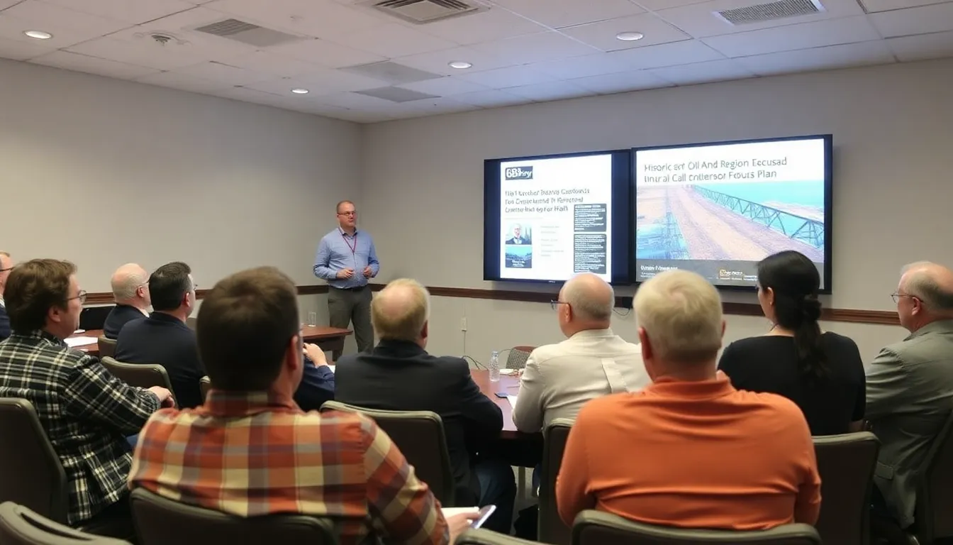 北海の広大な海域で掘削作業を行う大型の石油プラットフォームが、夕暮れの空を背景に立ち上がり、周囲には作業船が行き交う様子。