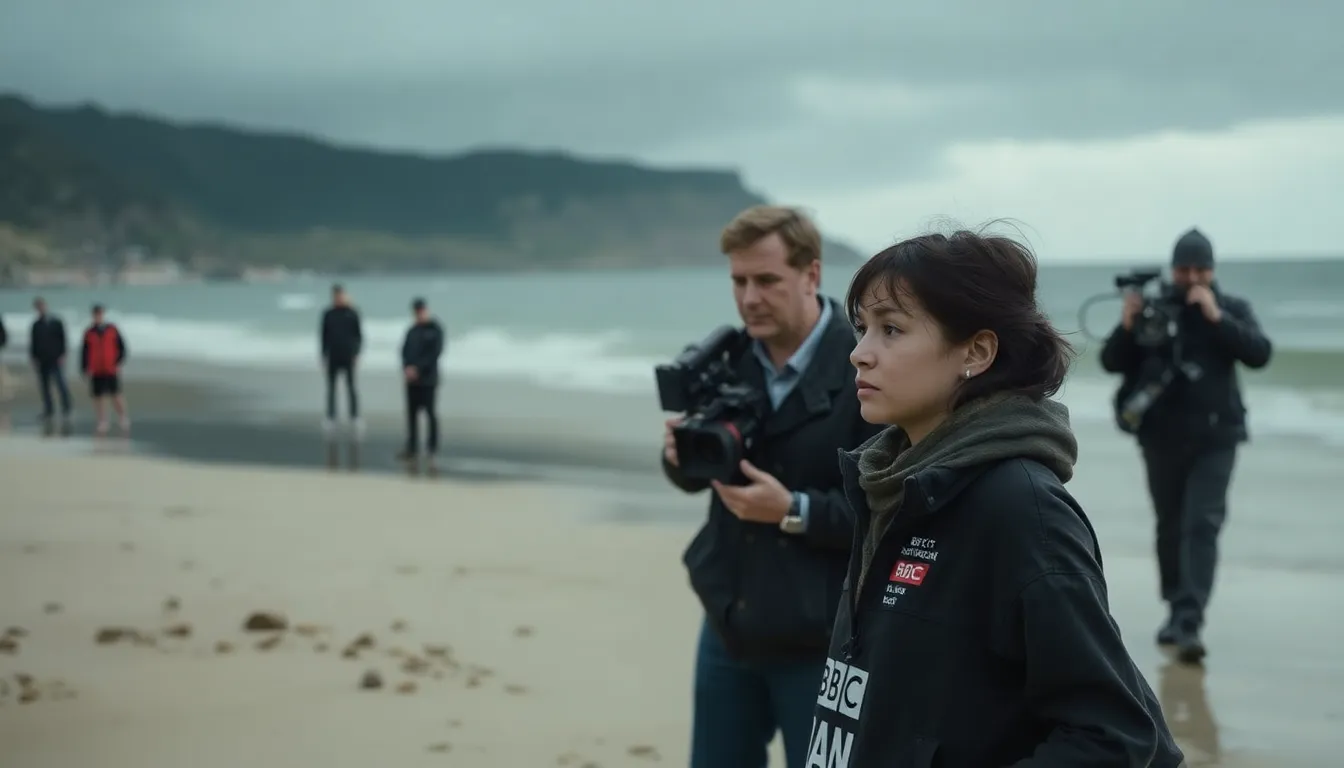 A BBC reporter stands on a crowded beach as beachgoers hurriedly evacuate amid a chaotic scene following an unidentified emergency.