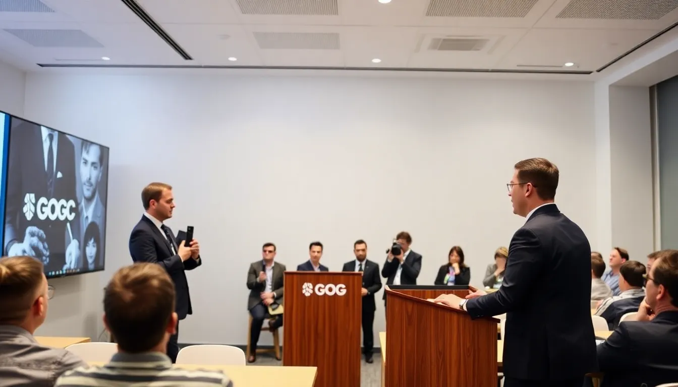 Michał Kiciński stands confidently at a podium during a press conference announcing his acquisition of GOG, with a backdrop featuring the GOG logo and a crowd of reporters capturing the moment.