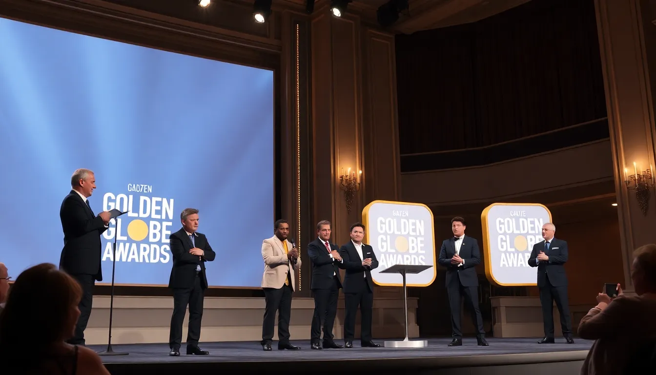 A group of filmmakers and industry professionals gather at a roundtable discussion, passionately debating the upcoming Golden Globe Awards and the Best Director nominees.