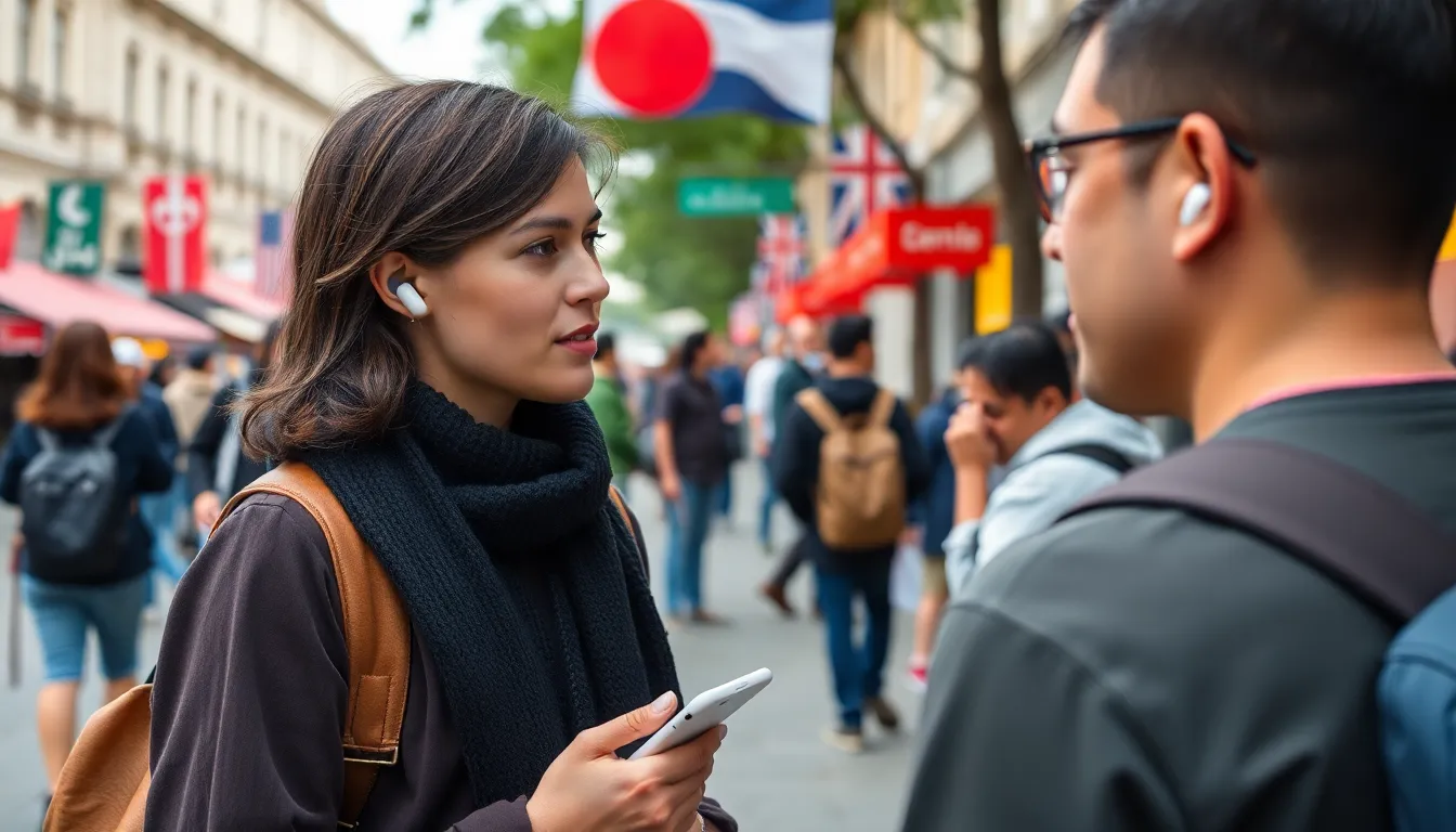 A person wearing AirPods engages in a conversation with a friend while using a smartphone to access Google's live translation feature.
