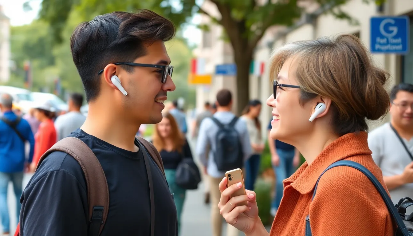 A closeup view of AirPods in use, highlighting the integration of live translation technology for enhanced audio experiences