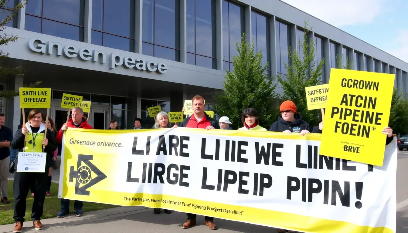 Protesters from Greenpeace gather outside a pipeline facility, holding banners and chanting slogans to raise awareness about environmental risks associated with fossil fuel infrastructure.