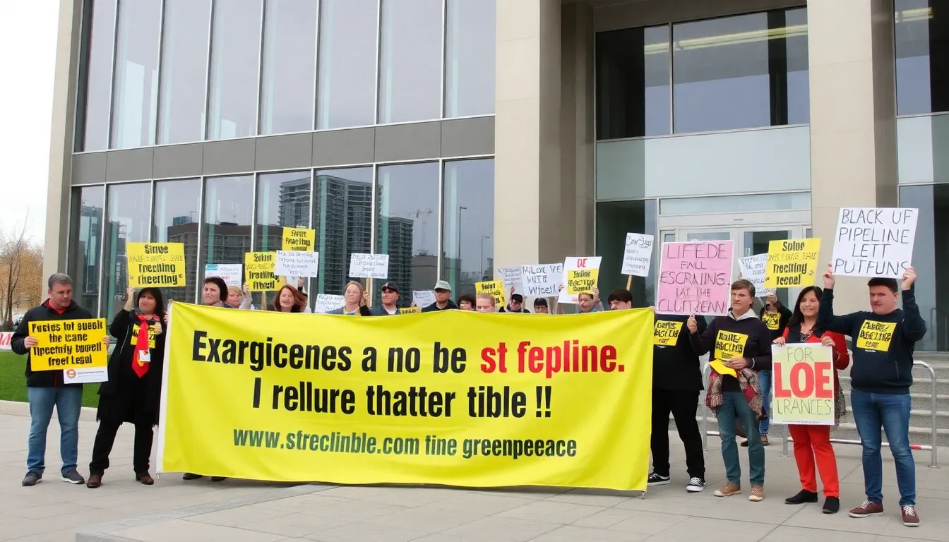 A large banner displayed during a demonstration, calling for corporate accountability and sustainable practices in the energy sector