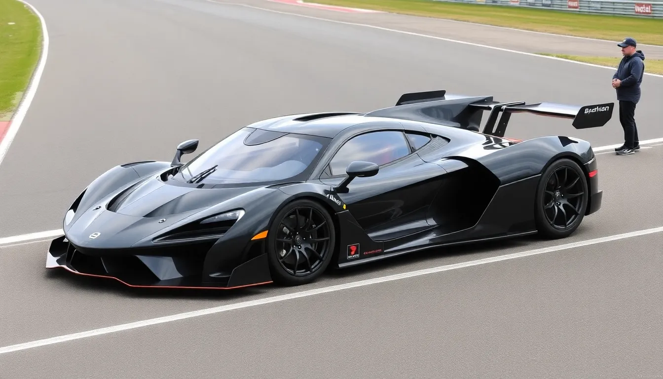 A sleek, modern hypercar designed by Vanwall is showcased in a workshop, surrounded by engineers discussing its advanced technology and performance upgrades in preparation for the World Endurance Championship.