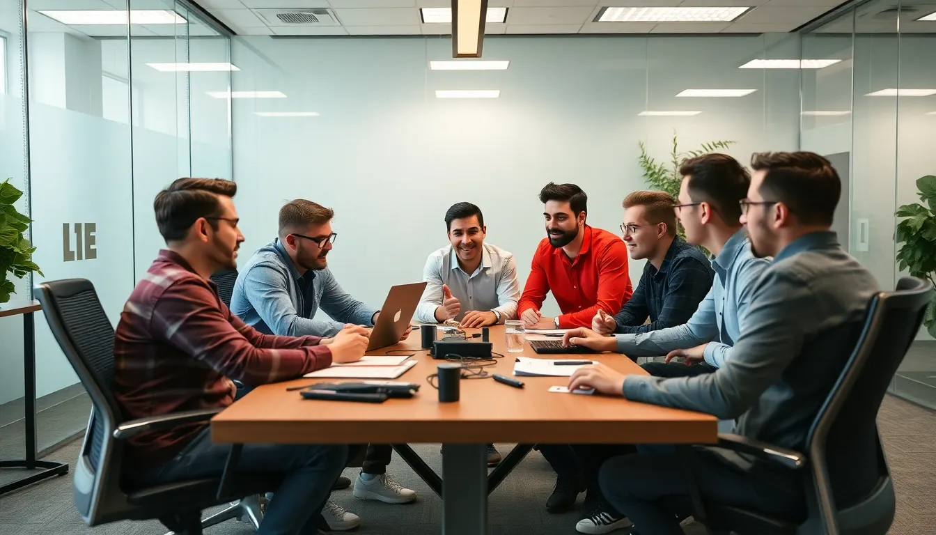 A group of gamers eagerly discussing their expectations for Splitgate 2 at a local gaming event, reflecting the excitement surrounding the relaunch