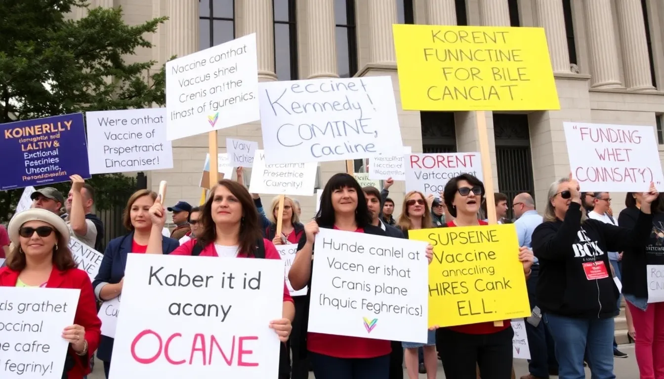 A group of public health advocates holds a press conference outside a government building, expressing their concerns over the recent cancellation of grants related to vaccine education initiatives.