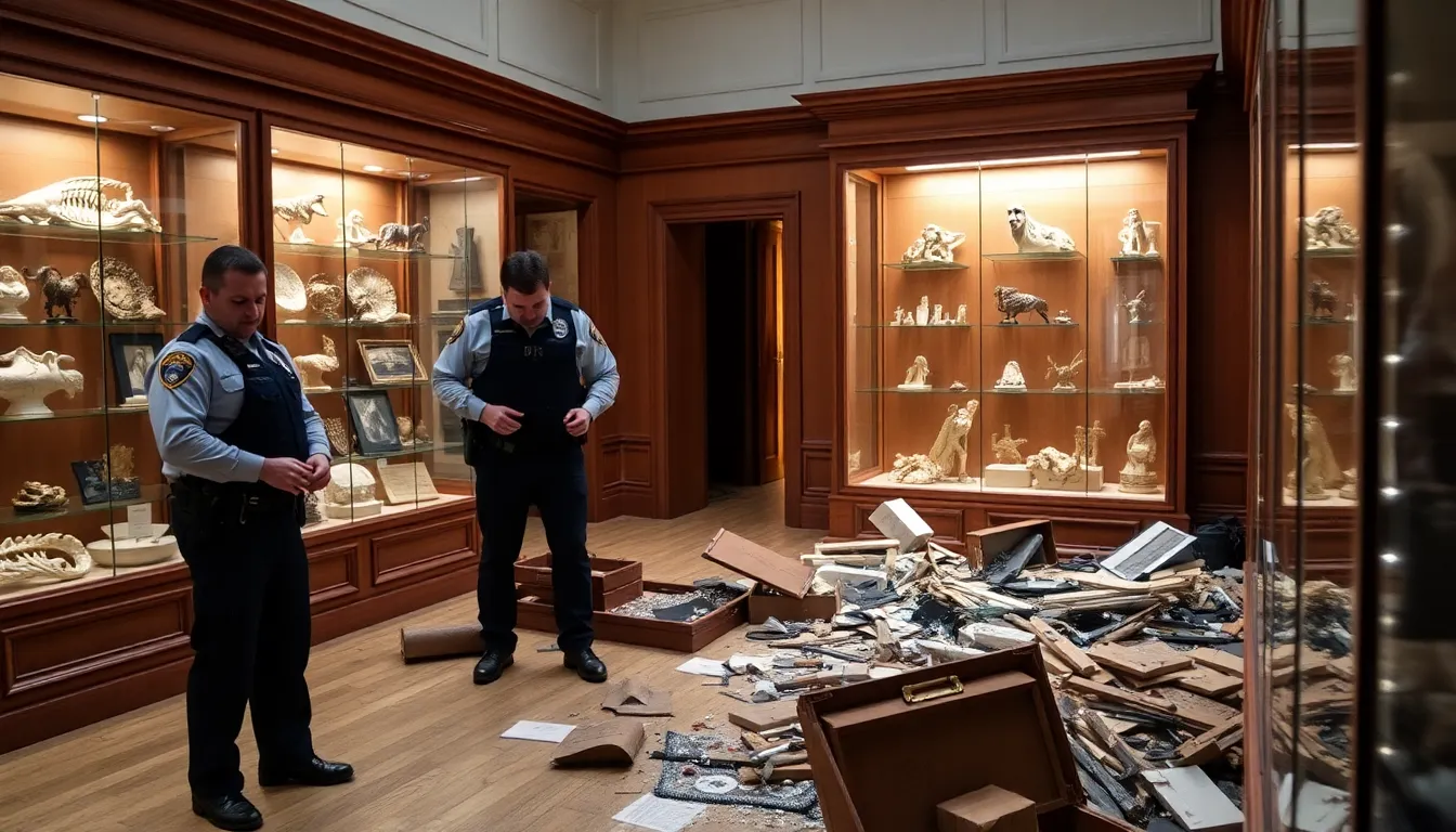 Thieves are seen fleeing the scene of a highvalue museum raid, carrying bags filled with stolen artifacts and artworks under the cover of darkness.