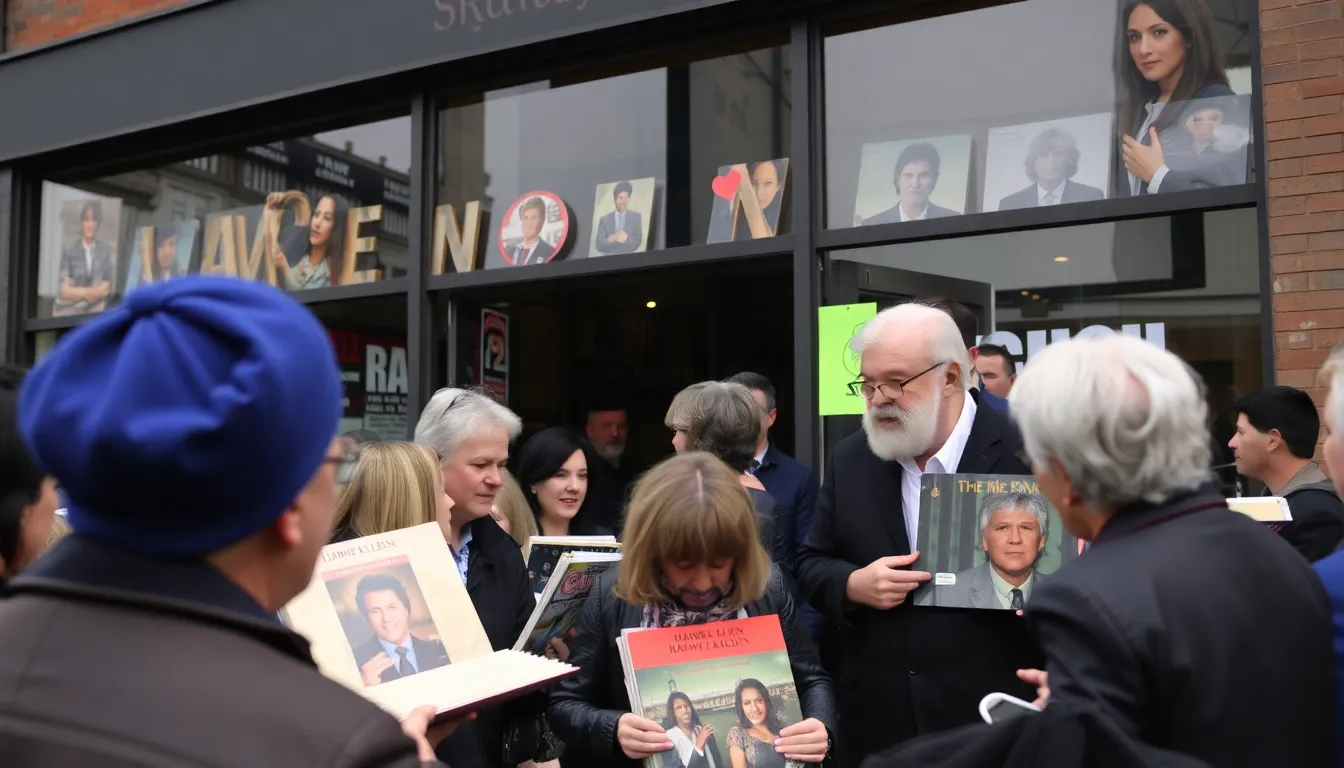 A group of musicians and fans gather outside a music venue, holding candles and flowers in tribute to Howie Klein, mourning his recent passing and celebrating his legacy in the music industry.