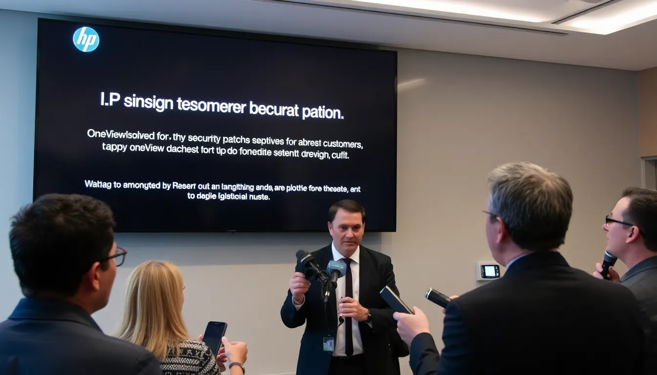 HPE representatives hold a press conference to announce the urgent need for customers to patch the OneView management software due to a critical security vulnerability.