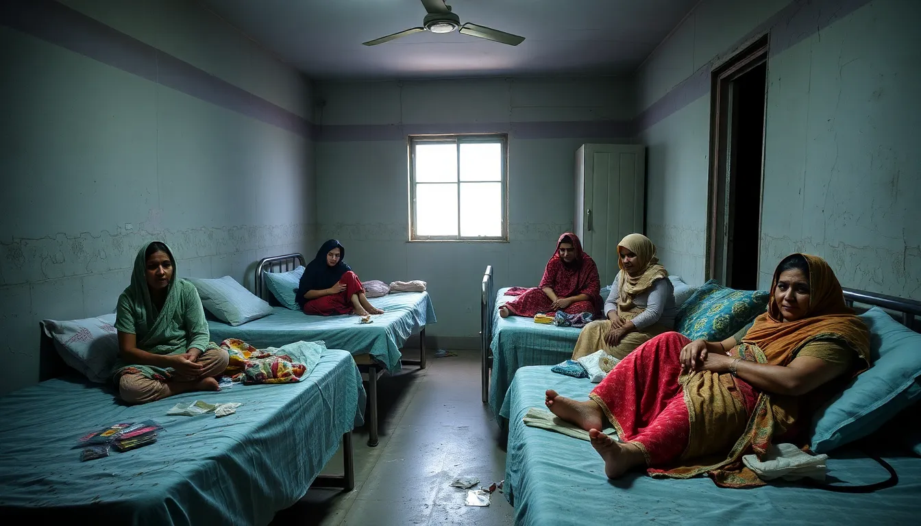 A group of mothers sits in a crowded hospital maternity ward, some looking distressed while others hold their newborns, amidst unsanitary conditions and inadequate resources.