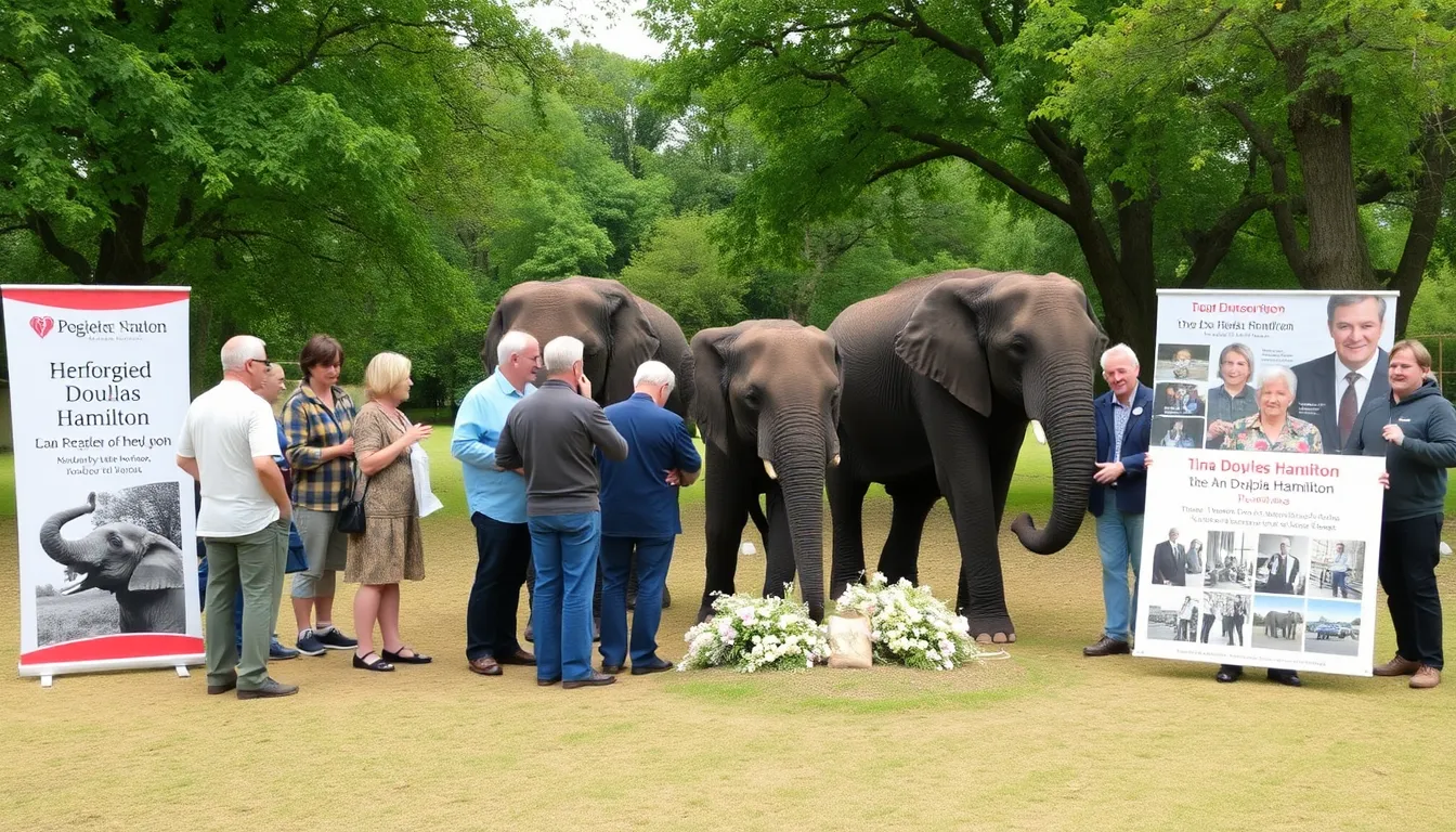 A group of conservationists gathers in a lush African landscape, holding banners and signs advocating for elephant protection in memory of Iain DouglasHamilton.