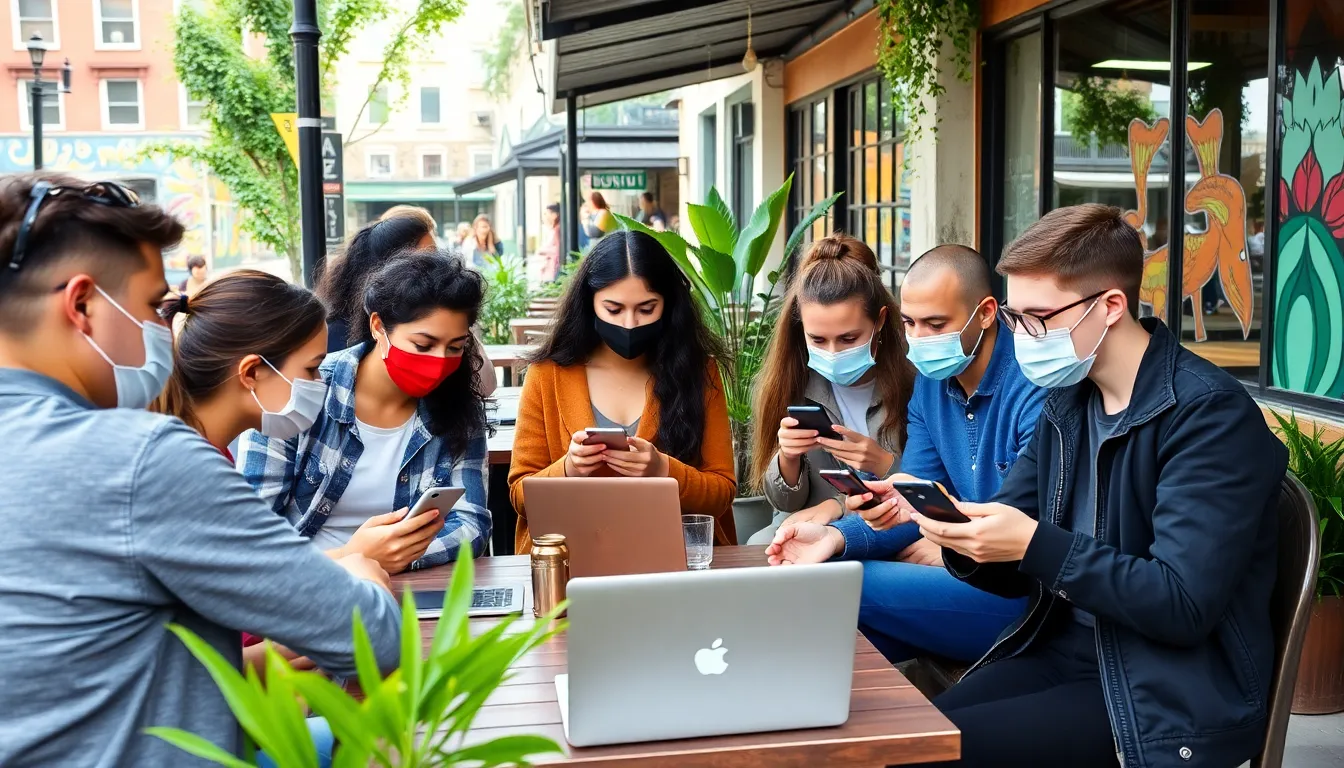 A group of people is gathered around a table in a modern office space, each focused on their laptops and smartphones, highlighting the increasing trend of remote work and online engagement.