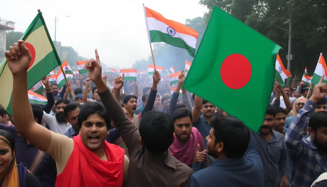 インドとバングラデシュの国境近くで緊張が高まる中、抗議者が政府に対する不満を訴えている様子が捉えられている