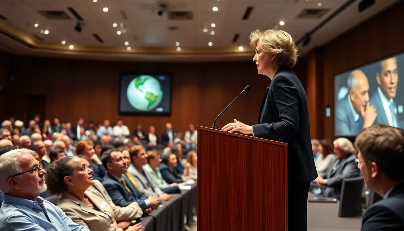 a gathering of scientists and educators celebrating Inge Lehmann's legacy, with banners highlighting her contributions to seismology and discussions taking place in a conference setting.