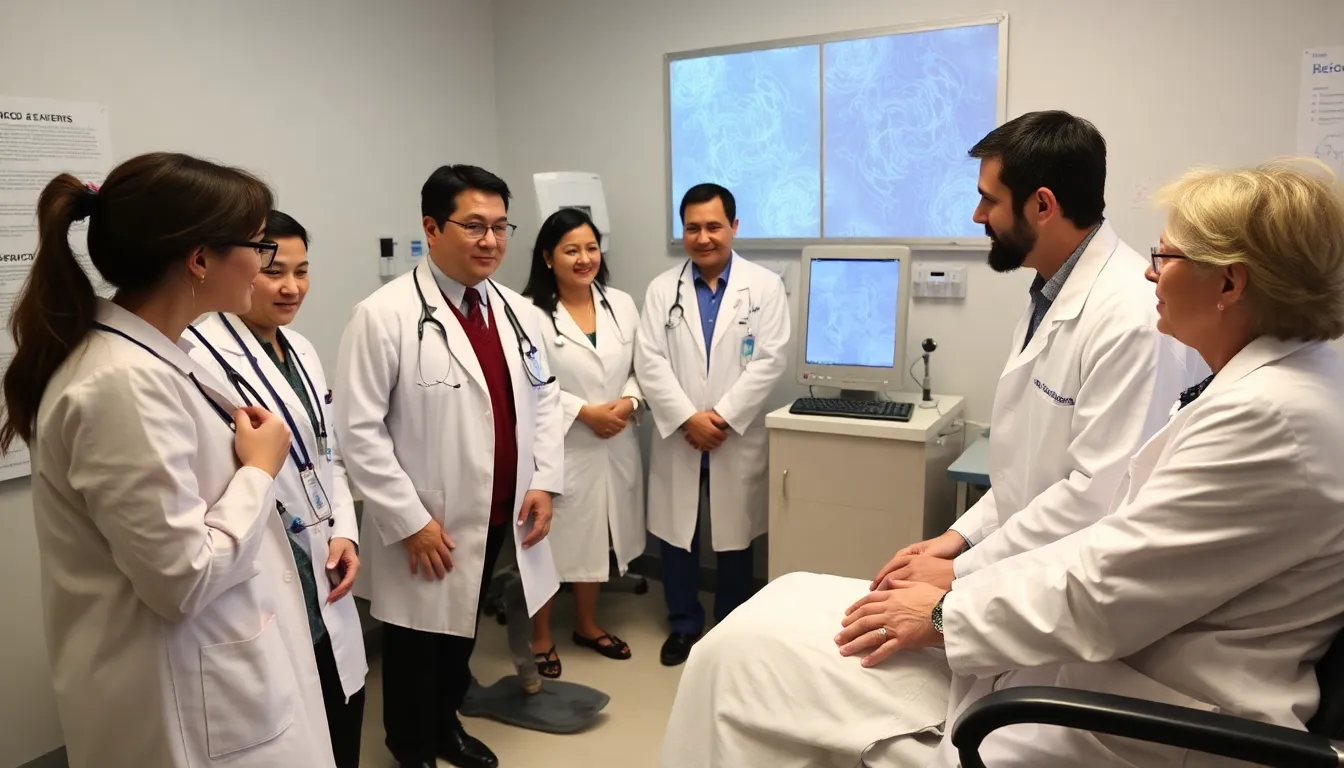 A group of researchers presents findings on a new geneediting treatment for blood cancer at a conference, with charts and data displayed on a large screen behind them.