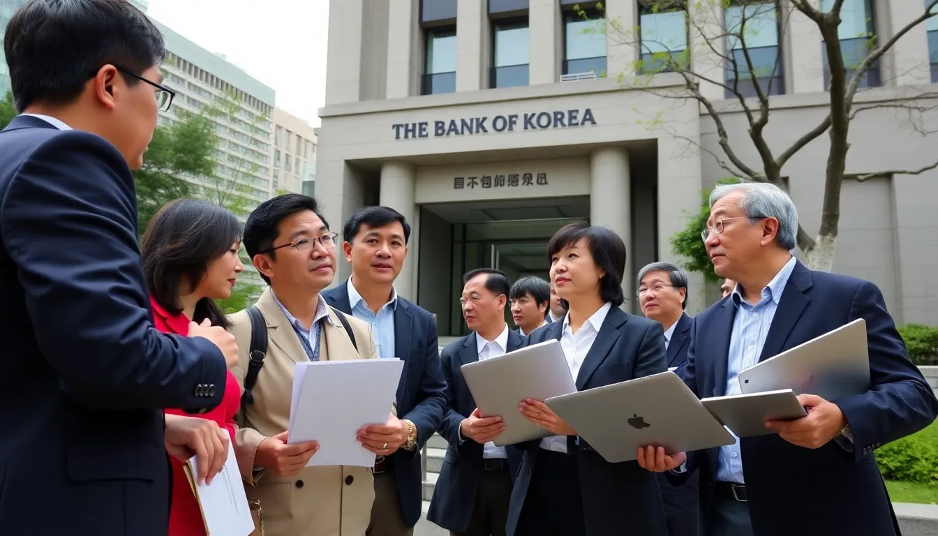 中央銀行の金利引き下げ発表を受けて、経済専門家たちが集まり、今後の金利動向について議論を交わしている様子。
