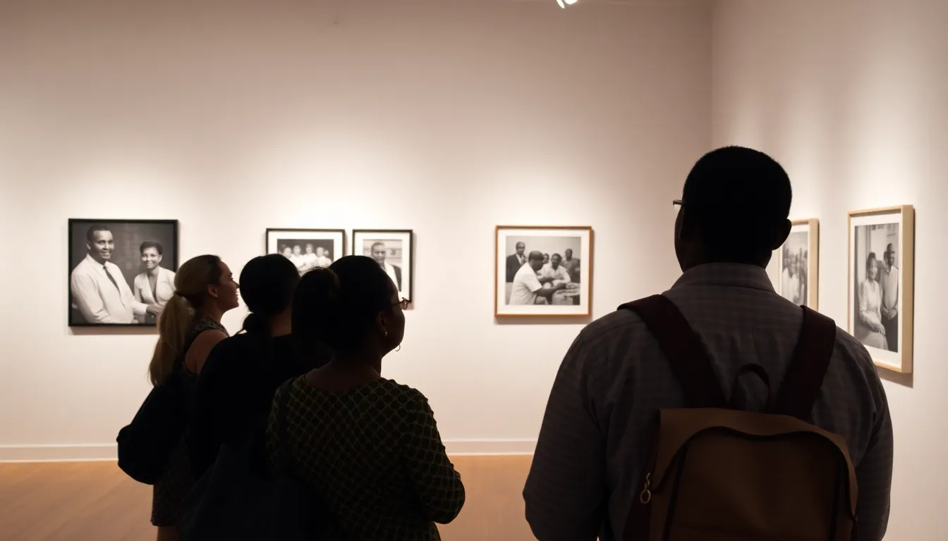 James Barnor stands in front of a large display of his photographs at an exhibition, surrounded by visitors admiring his work that captures Ghana's historical moments and cultural identity.