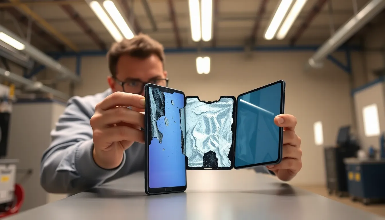 JerryRigEverythingがSamsung Galaxy Z Trifoldの折り曲げテストを行い、デバイスが破損する瞬間が捉えられている。
