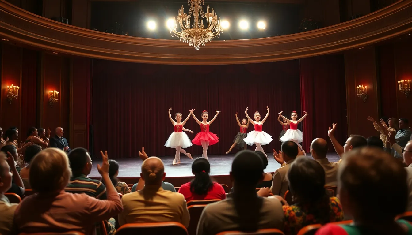 A group of dancers in colorful costumes performs a scene from The Nutcracker ballet on stage, captivating an audience at the Sarit Expo Centre in Nairobi.