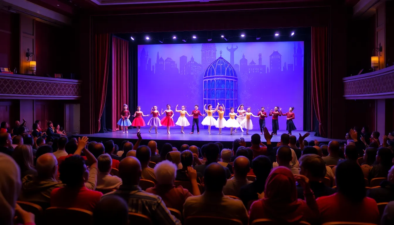 Local artisans display their crafts at a market set up outside the theater, creating a lively atmosphere that complements the ballet's performance