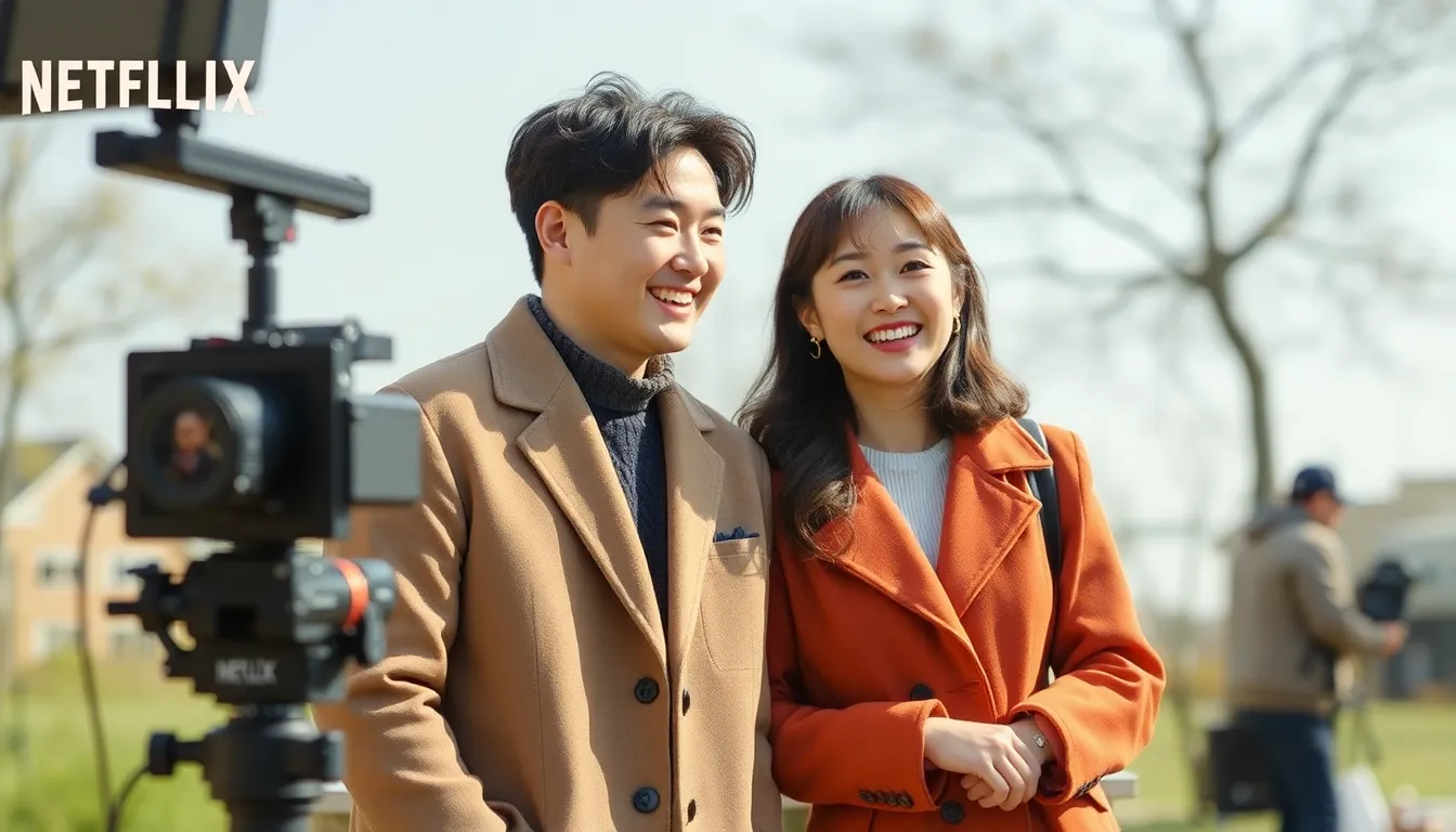 韓国のエンターテインメントシーンで注目される二人の俳優が共演し、新しいロマンティックコメディを盛り上げているシーン